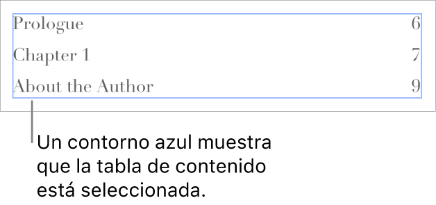 Una tabla de contenido insertada en un documento. Las entradas muestran las cabeceras junto con sus números de página.