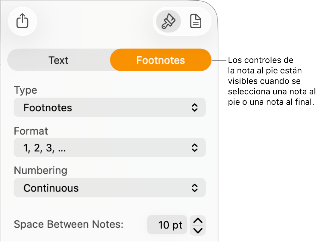 El panel “Notas al pie” con menús desplegables para Tipo, Formato, Numeración y espacio entre notas.