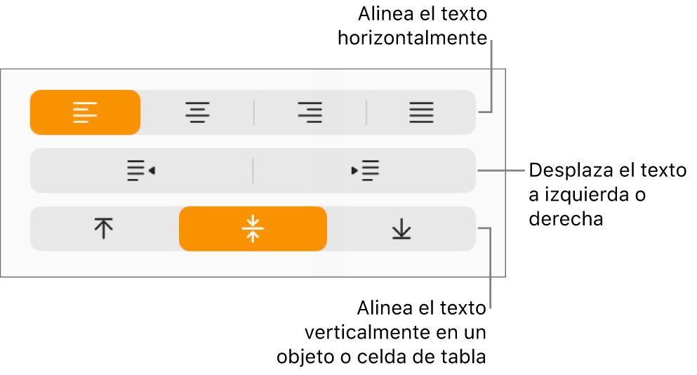 Sección Alineación del inspector de formato con botones para alinear el texto horizontal y verticalmente y botones para mover el texto a la izquierda o a la derecha.