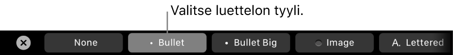 MacBook Pron Touch Bar, jossa on säätimet luettelotyylin valintaan.