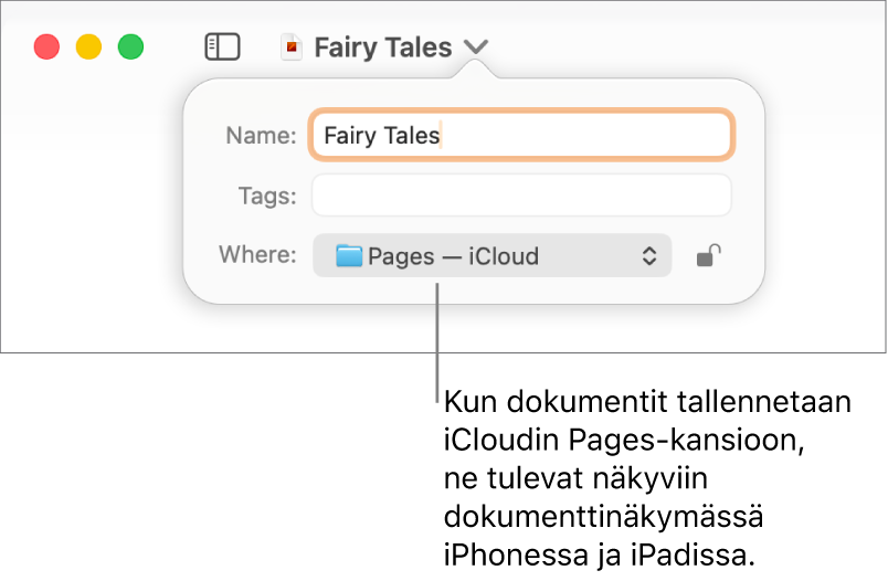 Tallenna-valintaikkuna dokumentille, jonka Missä-ponnahdusvalikossa on Pages – iCloud.