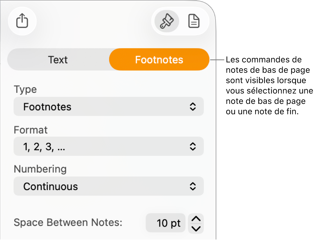 Sous-fenêtre des notes de bas de page affichant les menus contextuels Type, Format, Numérotation et Espace entre notes.