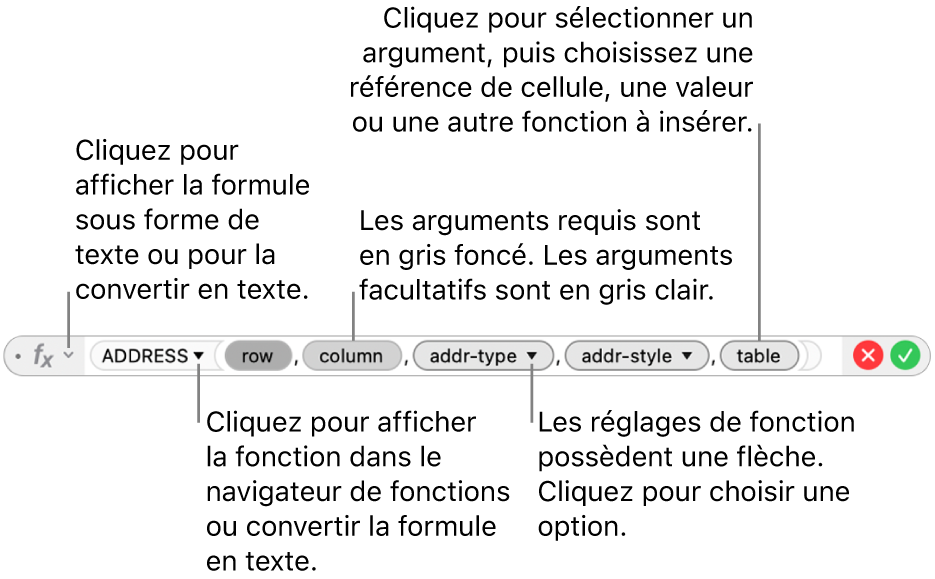 Éditeur de formules affichant la fonction ADRESSE et les jetons d’argument correspondants.
