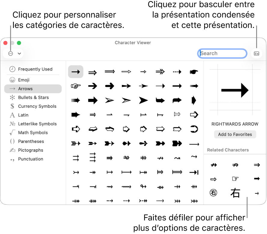 Le visualiseur de caractères étendu affiche les caractères spéciaux et les symboles, un menu pour les différentes catégories de symboles sur la gauche et un bouton dans le coin supérieur droit qui vous permet de revenir à la vue réduite.