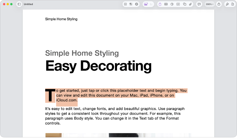 Dans un document ouvert où le texte fictif du modèle est sélectionné.