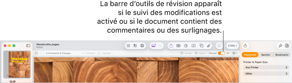 La barre d’outils de Pages avec le suivi des modifications activé et la barre d’outils de révision en dessous.