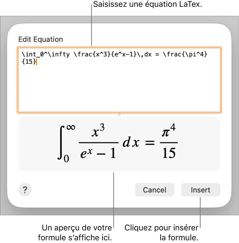 Formule quadratique composée à l’aide du langage LaTeX dans le champ Équation et aperçu de la formule en bas.