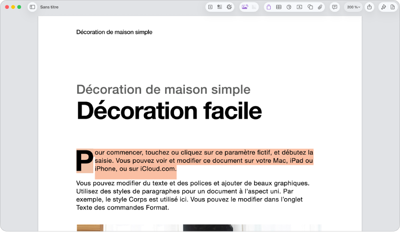 Dans un document ouvert avec du texte de paramètre fictif de modèle sélectionné.