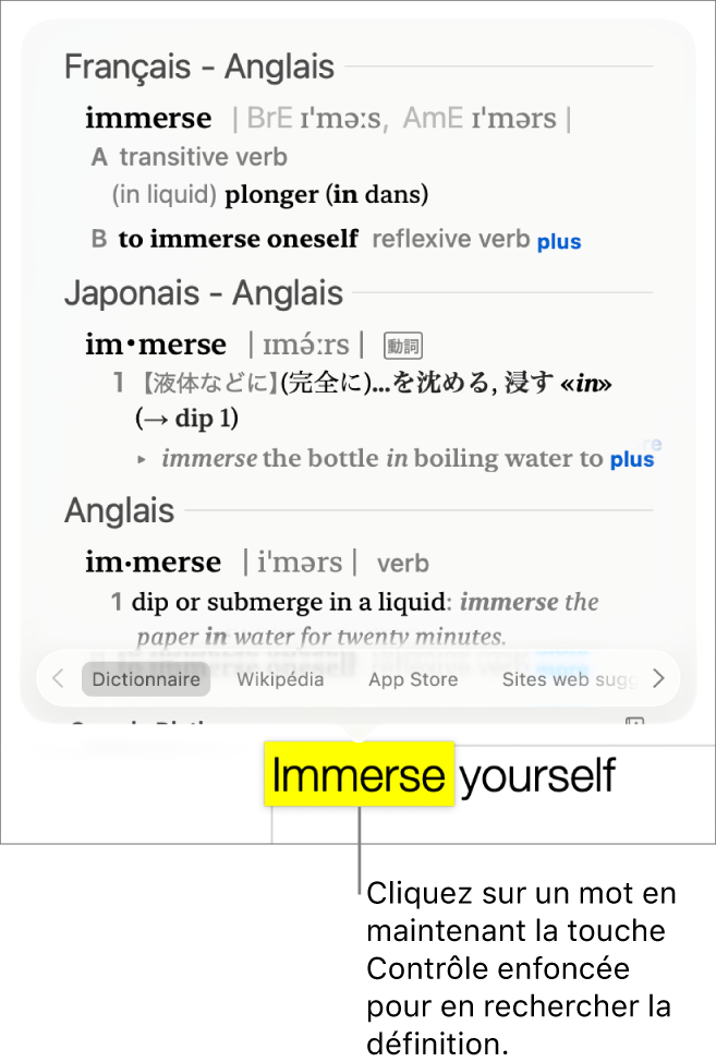 Un paragraphe avec un mot surligné et une fenêtre contenant sa définition et des synonymes. Des boutons en bas de la fenêtre fournissent des liens vers le dictionnaire, Wikipédia et des sites web suggérés par Siri.