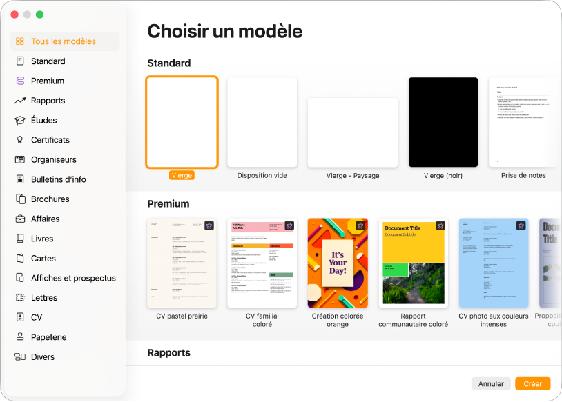 Liste de modèles. La barre latérale située à gauche présente des catégories de modèle sur lesquelles vous pouvez cliquer pour filtrer les options. Sur la droite se trouvent des vignettes de modèles préconçus, disposés en rangées par catégories. Les boutons Annuler et Créer se trouvent dans le coin inférieur droit.
