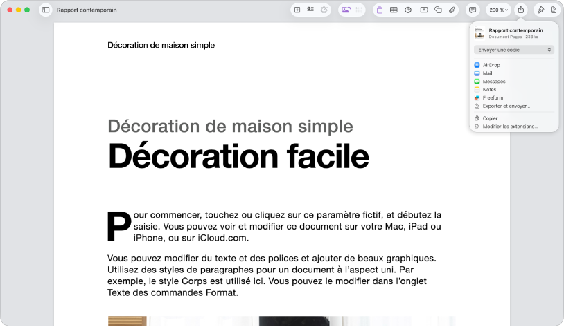 Un document ouvert avec le menu Partager ouvert.
