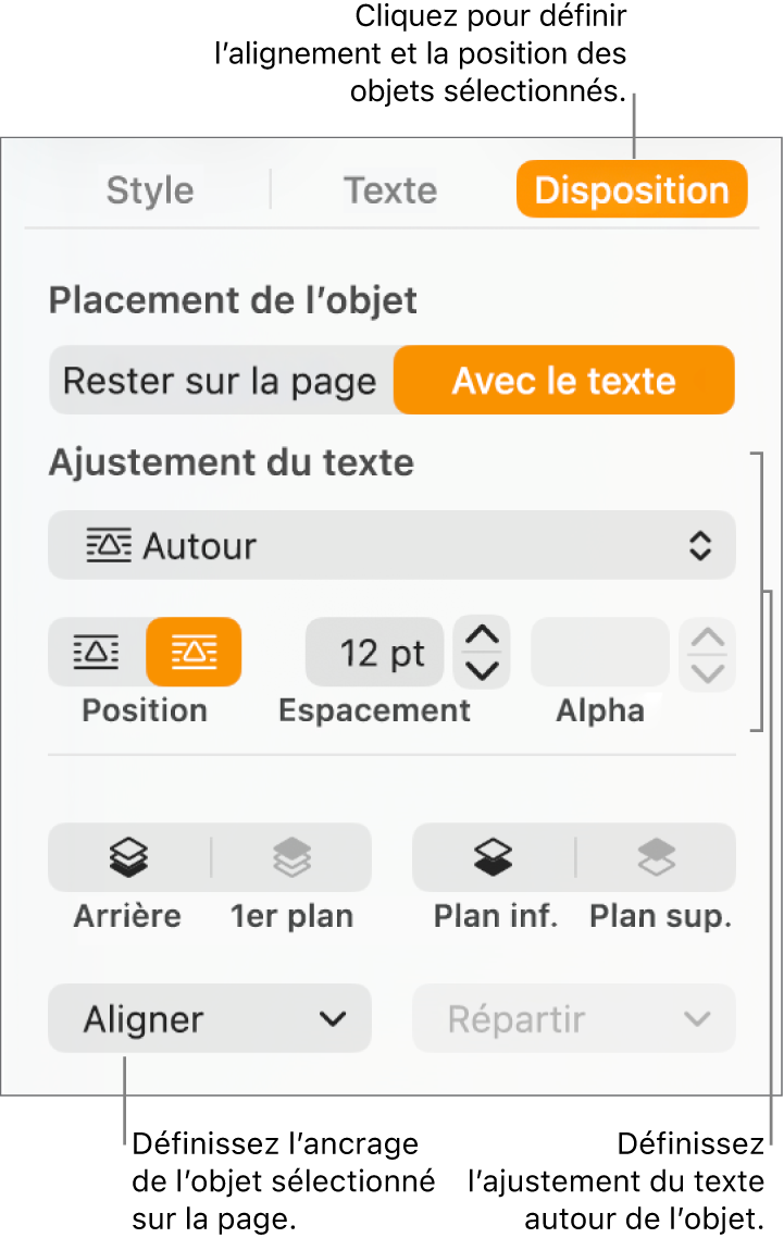 Le menu Format avec la barre latérale Disposition affichée. Les réglages « Placement objet » sont en haut de la barre latérale Disposition, avec les réglages « Ajustement du texte » en dessous.