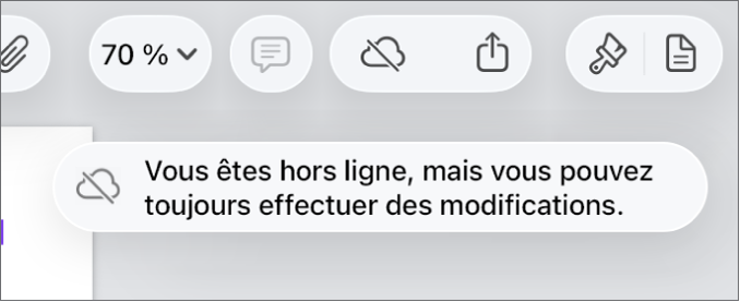Les boutons en haut de l’écran, avec le bouton Collaboration remplacé par un nuage barré d’une ligne diagonale. Une alerte à l’écran indique « Vous êtes hors ligne, mais vous pouvez toujours effectuer des modifications ».