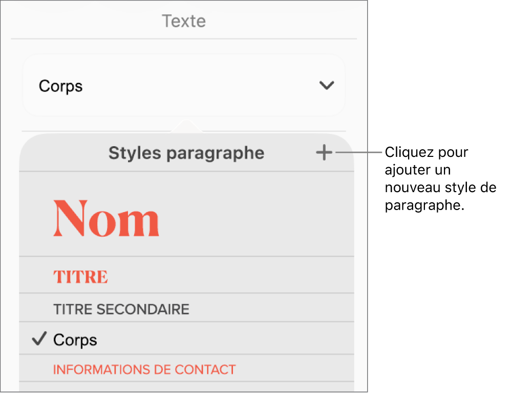 Le menu « Styles de paragraphe » avec le bouton « Nouveau style » accompagné d’une légende.
