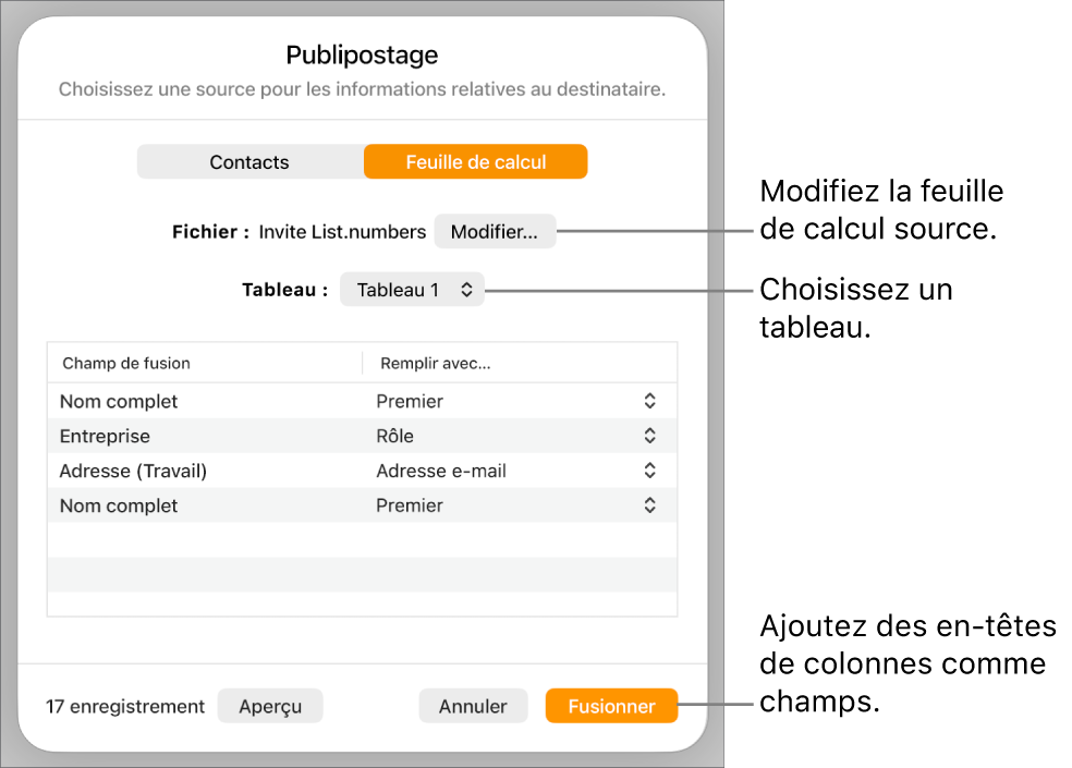 Sous-fenêtre « Aperçu des champs de fusion » ouverte, avec des options pour modifier le fichier ou le tableau source, prévisualiser les noms des champs de fusion ou ajouter les en-têtes de colonnes en tant que champs.