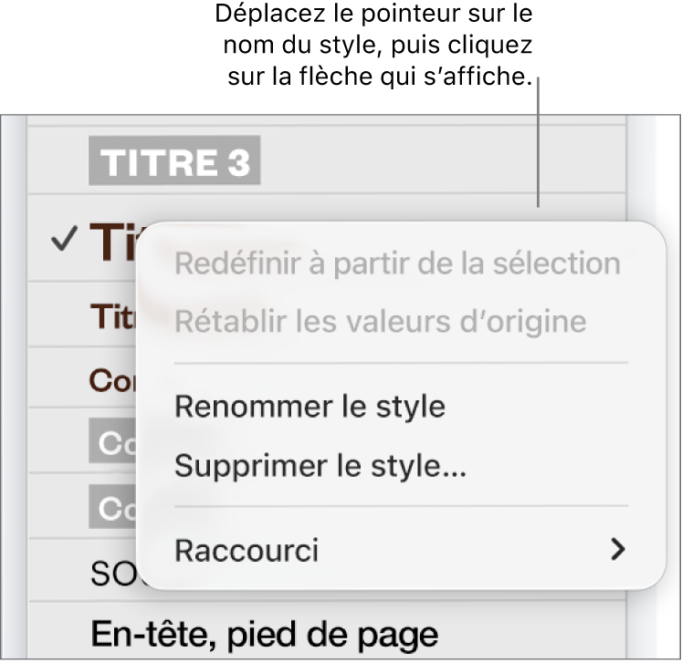 Le menu « Styles de paragraphe » avec le menu contextuel ouvert.