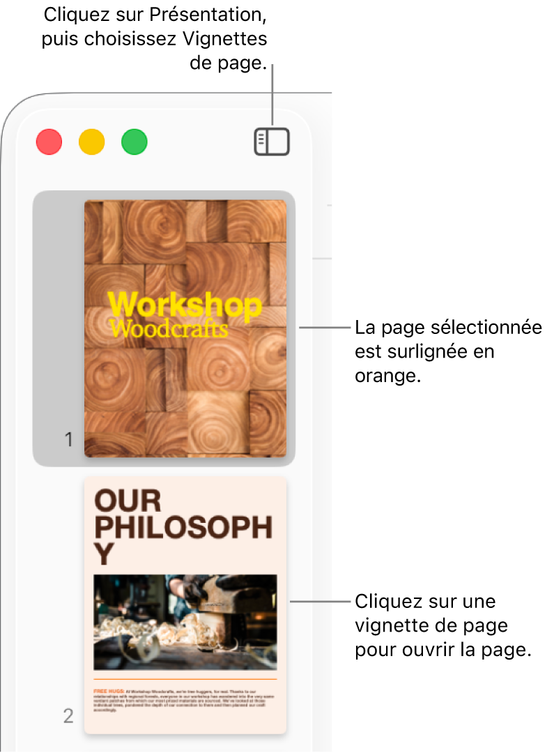 La barre latérale du côté gauche de la fenêtre Pages contenant la présentation Vignettes de page ouverte et la page sélectionnée surlignée en orange foncé.