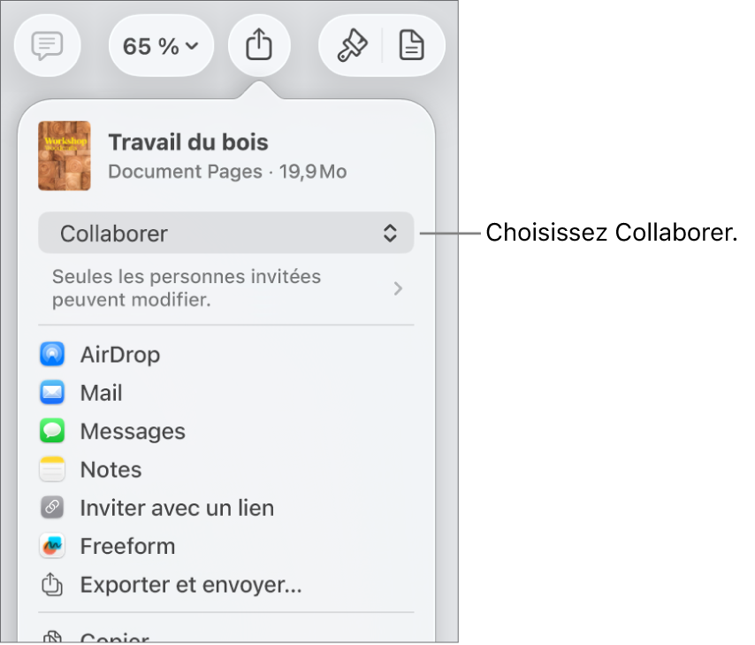 Le menu Partager avec l’option Collaborer sélectionnée en haut, et des réglages d’accès et d’autorisation en dessous.