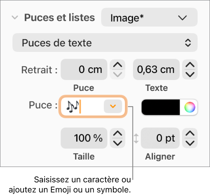 La section « Puces et listes » de la barre latérale Format. Le champ Puce affiche un Emoji en forme de fleur.
