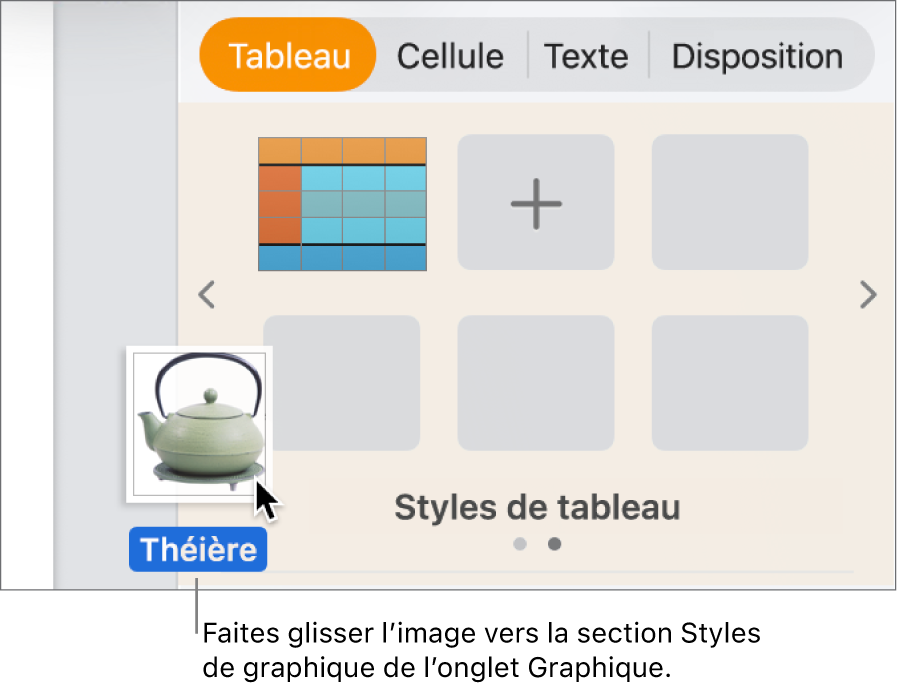 Opération consistant à faire glisser une image vers la section Styles de graphiques de la barre latérale en vue de créer un nouveau style.