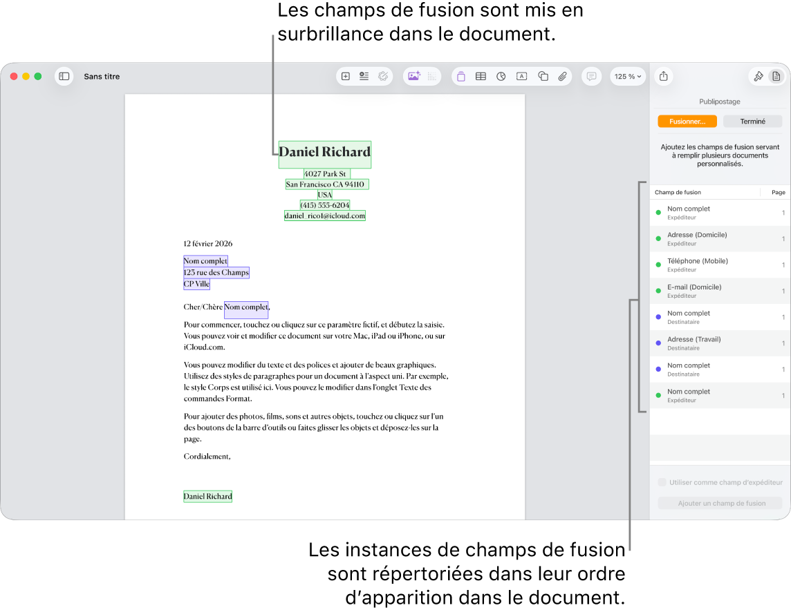 Document Pages avec des champs de fusion de destinataire et d’expéditeur, ainsi que la liste des instances de champs de fusion visible dans la barre latérale Document.