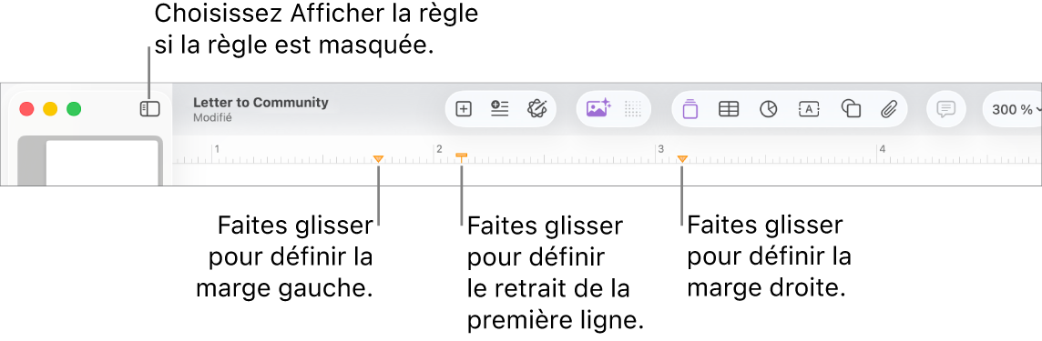 Règle présentant la commande de la marge gauche et la commande de retrait de la première ligne.
