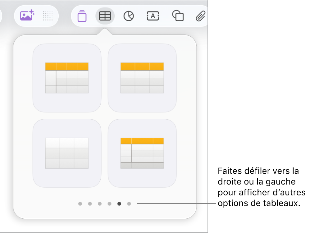 Menu « Ajouter un tableau » avec des flèches de navigation.