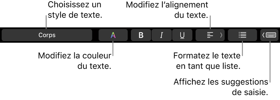 La Touch Bar d’un MacBook Pro présentant les commandes qui permettent de choisir un style de texte, de modifier sa couleur, son alignement, de le convertir en liste et d’afficher des suggestions de saisie.