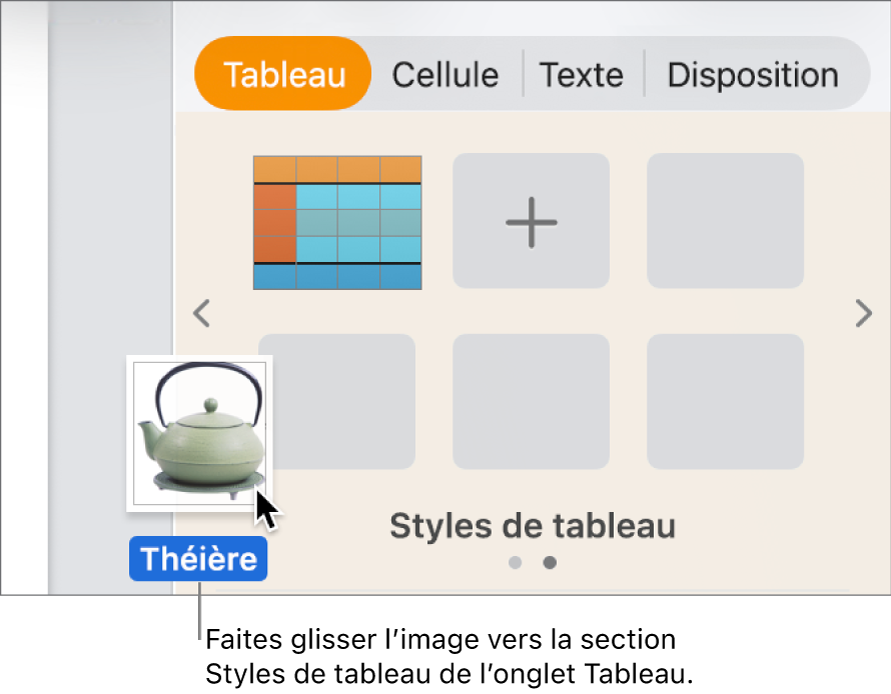 Opération consistant à faire glisser une image vers la sous-fenêtre de styles de tableau pour créer un nouveau style.