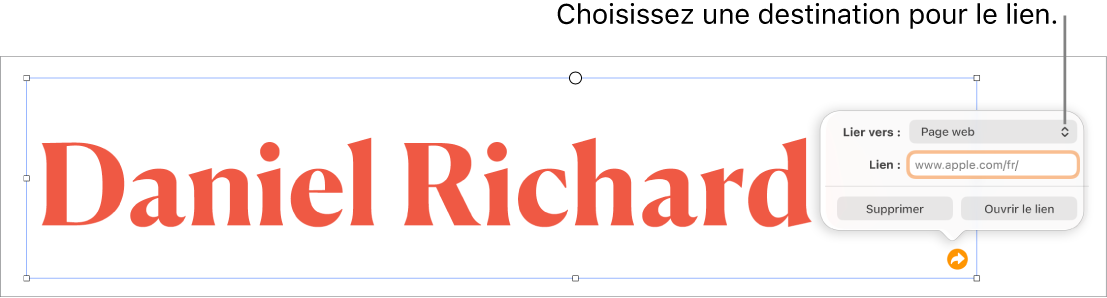 Les commandes de l’éditeur de liens avec une page web sélectionnée et les boutons Supprimer et Ouvrir le lien en bas.