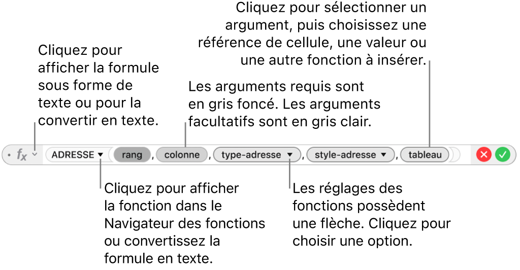 L’éditeur de formules affichant la fonction ADRESSE et les jetons d’argument correspondants.