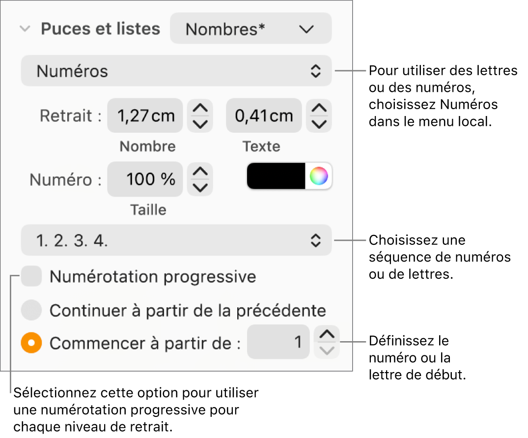 Commandes de modification du style de numérotation et de l’espacement d’une liste.