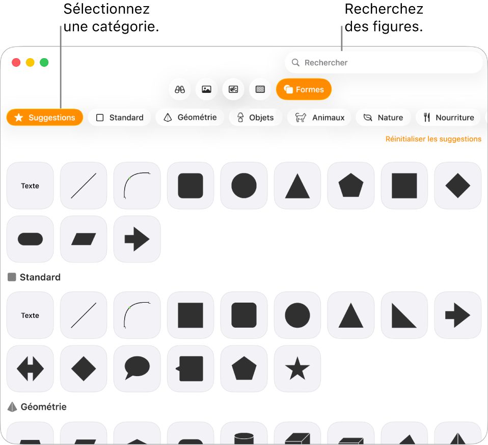 Bibliothèque de figures, avec les catégories répertoriées sur le côté gauche et les figures affichées sur le côté droit. Vous pouvez utiliser le champ de recherche situé en haut pour rechercher des figures. Vous pouvez également parcourir l’écran pour en trouver d’autres.