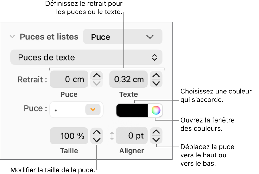 Section Puces et listes accompagnée des légendes des commandes pour le retrait des puces et du texte, la couleur des puces, leur taille et leur alignement.