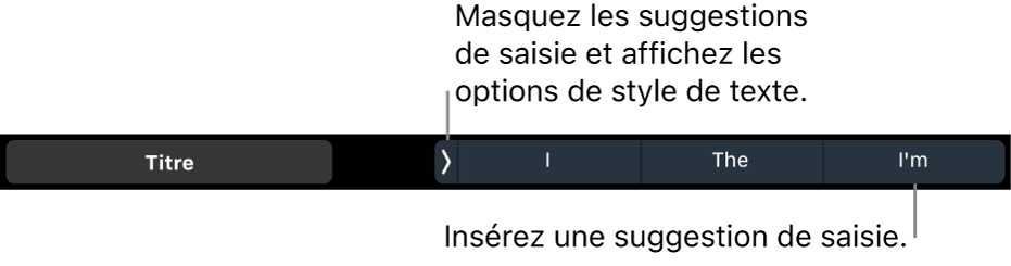 La Touch Bar d’un MacBook Pro présentant les commandes qui permettent de choisir un style de texte, de masquer et d’insérer des suggestions de saisie.