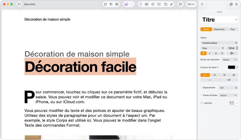 Un document ouvert avec la barre latérale Format ouverte et l’onglet Texte sélectionné.