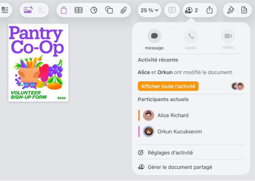 Le menu de collaboration affichant le nom des personnes qui collaborent sur le document.