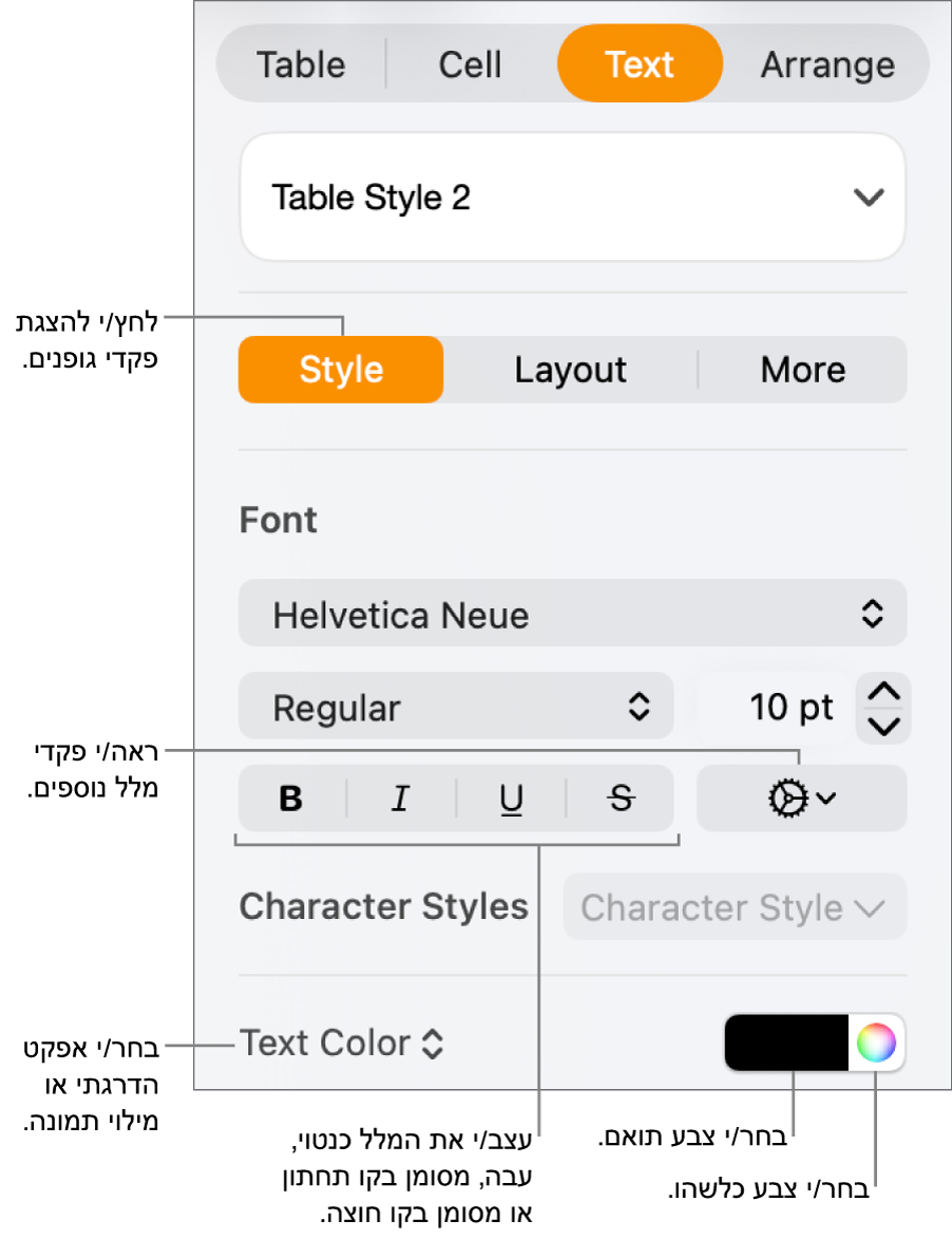כלי הבקרה להחלת סגנון על מלל בטבלאות.