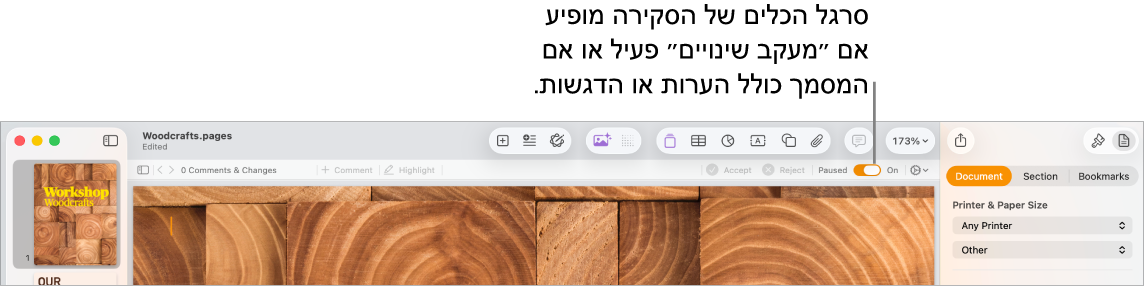 סרגל הכלים של Pages עם מעקב אחר שינויים מופעל וסרגל הכלים של סקירה מתחת לסרגל הכלים של Pages.