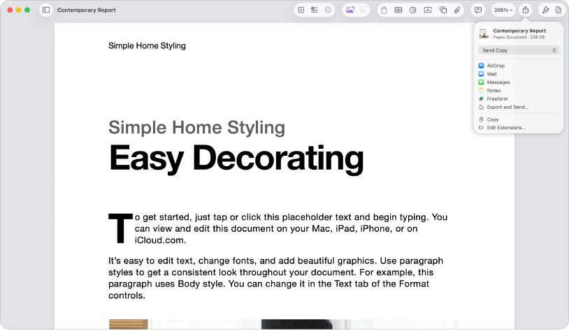 दस्तावेज़ खोलें जिसमें शेयर मेनू खुला है।