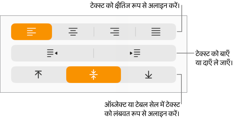 टेक्स्ट अलाइनमेंट और रिक्ति बटनों के लिए कॉलआउट वाला “अलाइनमेंट” सेक्शन।