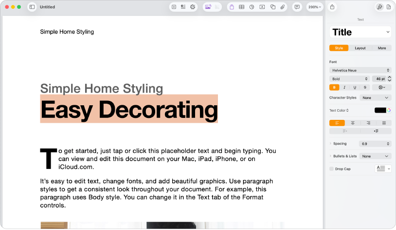 दस्तावेज़ खोलें जिसमें फ़ॉर्मैट साइडबार खुला है और टेक्स्ट टैब चुना गया है।