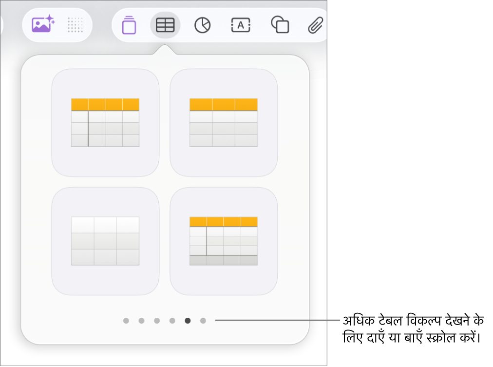 नैविगेशन तीरों के साथ “टेबल जोड़ें” मेनू।