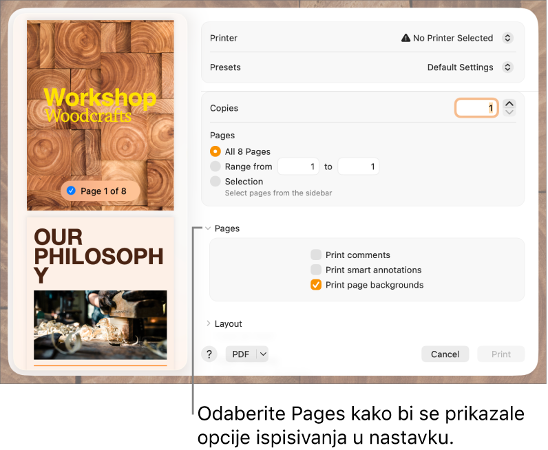 Dijaloški okvir za ispis s kontrolama za pisač, postavke, kopije i raspon stranica. Odabrana je aplikacija Pages u skočnom izborniku ispod postavki za raspona stranica, a nakon toga slijede potvrdne kućice za ispis komentara, ispis pametnih bilješki te pozadine stranice za ispis.