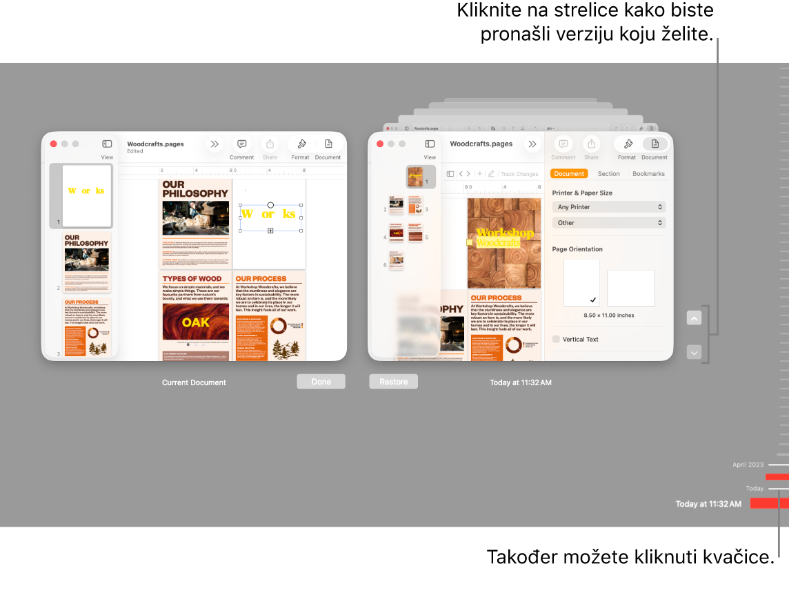 Vremenska traka verzija prikazuje trenutni dokument s lijeve strane i nedavnu verziju s desne.