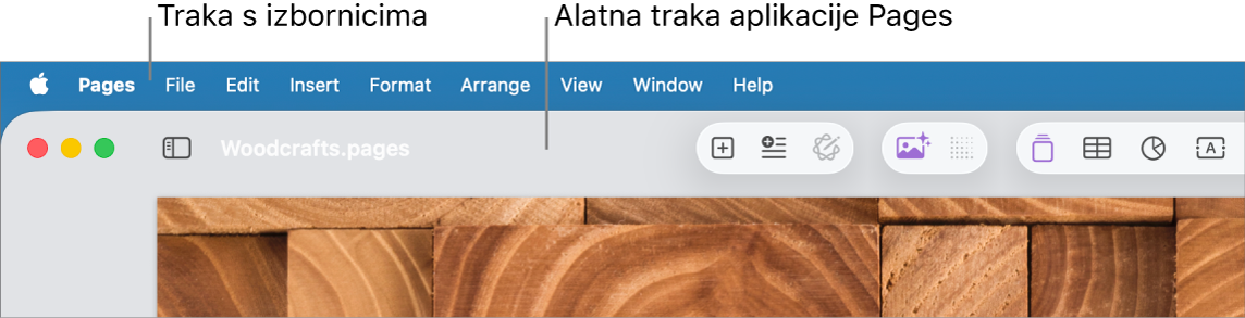 Traka izbornika na vrhu zaslona s izbornicima Apple, Pages, Datoteka, Uredi, Unesi, Formatiraj, Razmjesti, Prikaz, Prozor i Pomoć. Ispod trake izbornika nalazi se otvoren dokument u aplikaciji Pages s tipkama na alatnoj traci.