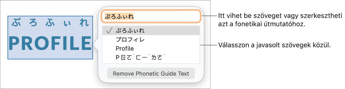 A fonetikai útmutató egy szóra megnyitva, a szövegmezőre és a javasolt szövegre vonatkozó ábrafeliratokkal.