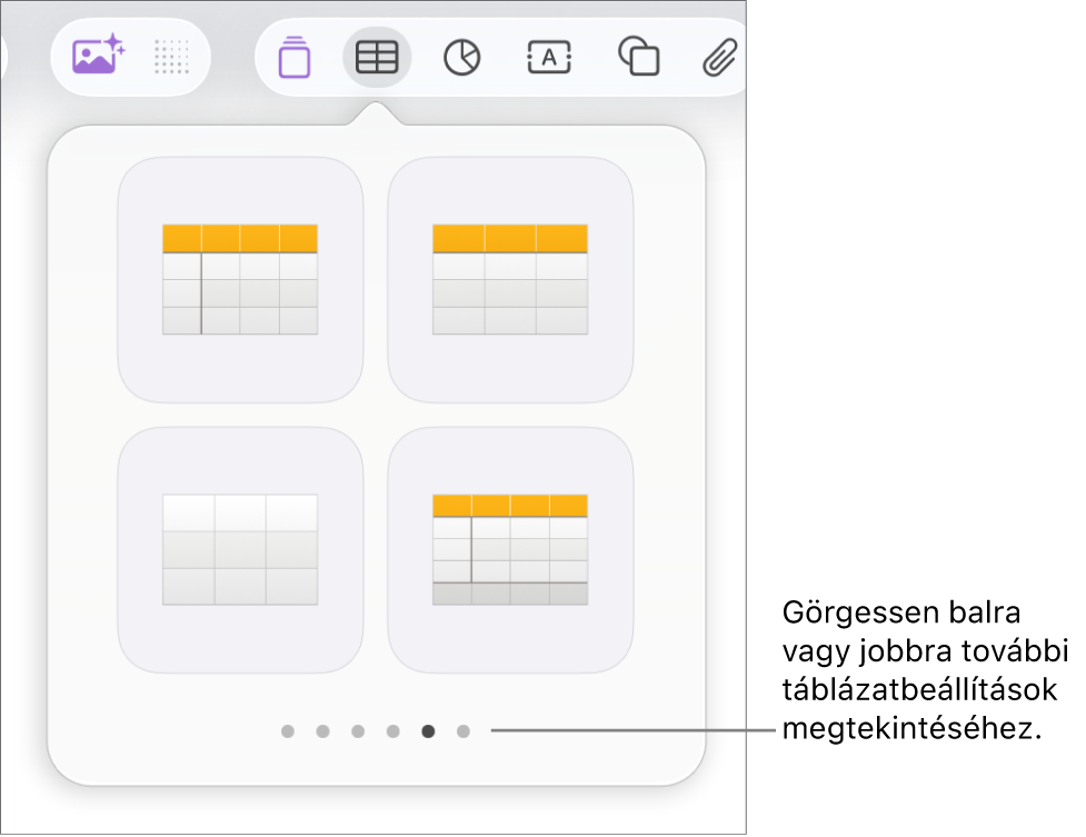 A Táblázat hozzáadása menü navigációs nyilakkal.