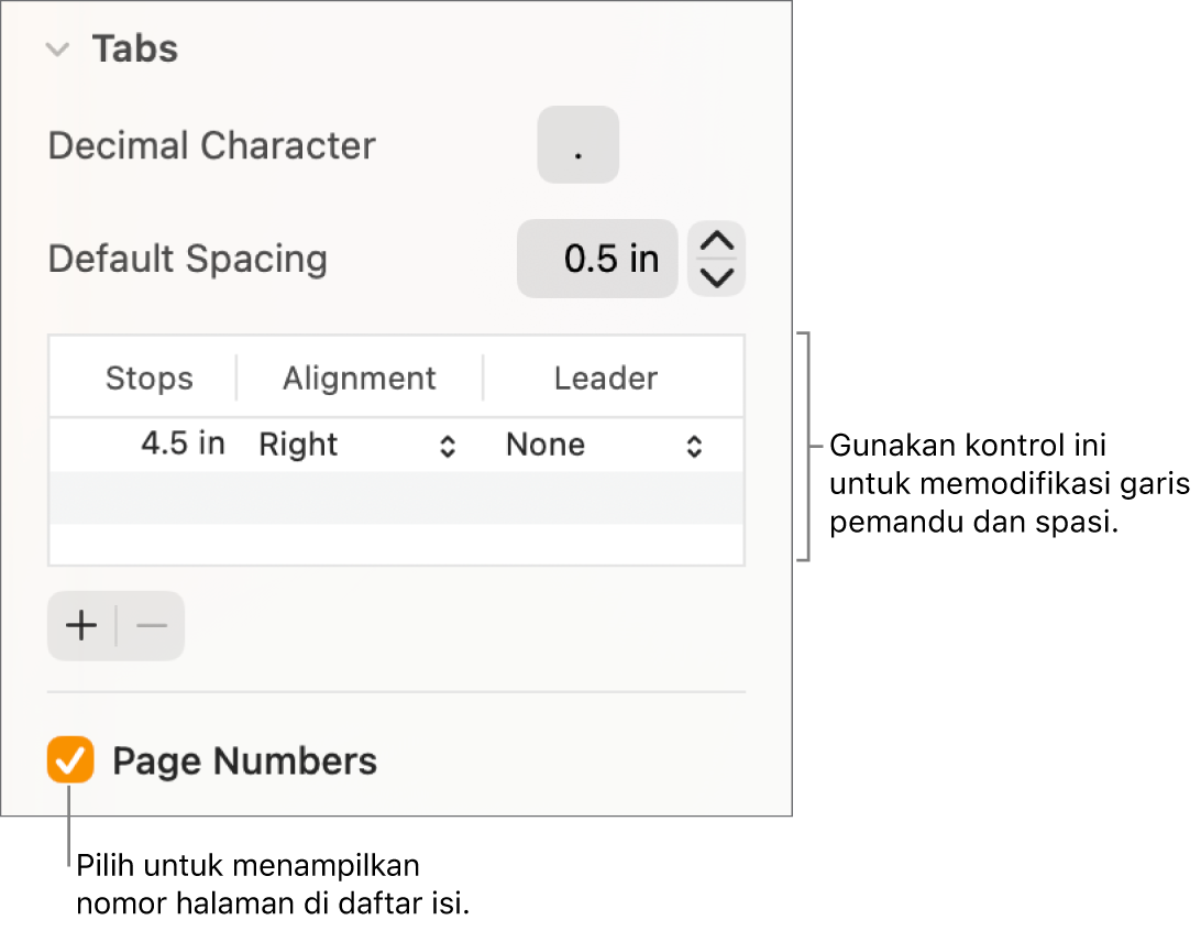 Bagian Tab pada bar samping Format. Di bawah Spasi Default terdapat tabel dengan kolom Penghentian, Perataan, dan Pemandu. Kotak centang Nomor Halaman dipilih dan muncul di bawah daftar.