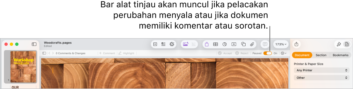 Bar alat Pages dengan pelacakan perubahan dinyalakan dan bar alat tinjauan di bawah bar alat Pages.